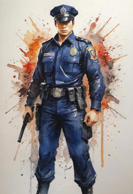 by Shotaro Ishinomori,  policeman, (shiny, artstyle-watercolor but extremely beautiful:1.4), (intricate details, masterpiece, best quality:1.4) , in the style of nicola samori, 
street fighter style 2D art, Vibrant, dynamic, arcade, 2D fighting game, highly detailed, reminiscent of Street Fighter series,, looking at viewer