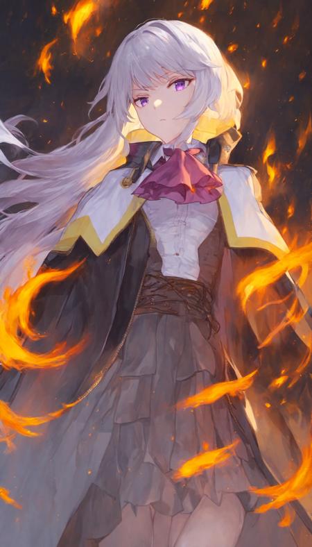 1girl, small breasts, yellow ascot, white shirt, corset, black coat, open coat, (long coat:1.2), cape, long hair, white hair, purple eyes, floating hair, from below, looking at viewer, serious, cowboy shot, fire, light particles