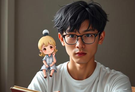 a chibi little blond haired princess is sitting on the shoulder of a male writer. the male writer has deep set eyes and a fierce gaze with shining pupils and dark corneas. He has soft kind eyes. He's slightly slovenly with messy dark black hair and wears a set of glasses. he's slightly bookish, meek, and timid. he has a round unassuming face. the male author is 30 years old and middle-aged. he wears casual clothes consisting of a simple white t-shirt. the chibi little prince hovers around him writing like a small spirit. the male author is Asian and of Chinese descent.