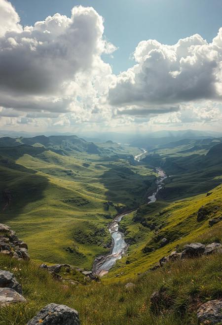 Generate a breathtaking panoramic landscape featuring rolling green hills, distant mountains, and a winding river snaking through the valley below. The sky is filled with fluffy white clouds illuminated by soft sunlight, creating a sense of depth and atmosphere. Focus on capturing the textures of the grass, rocks, and water, as well as the interplay of light and shadow across the terrain.  Render in a photorealistic style with high detail and vibrant colors. 8k resolution, cinematic lighting, inspired by Ansel Adams and Thomas Cole.
