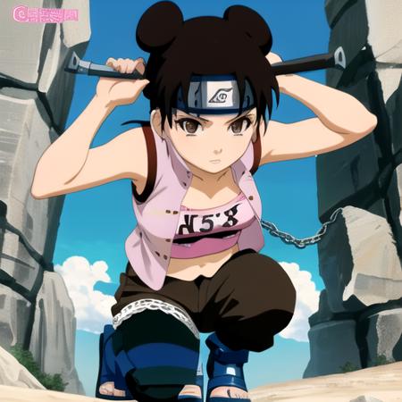 <lora:tenten-04:1>, tntn, 2 buns, short brown hair, "sleeveless pink shirt", ((open shirt)), bikini, girl, v eyebrows, crouching, armpits, black pants, rock, sky, side view, scrolls, weapons, chains