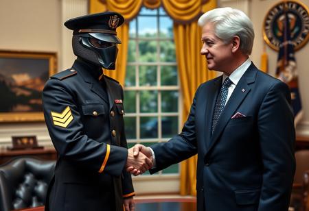 cobra commander in an immaculate military dress uniform posing for photo shaking hands with president clinton of the united states in sharp suit inside the oval office, real photograph, gi joe, photorealistic, correct hands, correct fingers, presidential seal, vote button, campaign photo, election, elegant scene