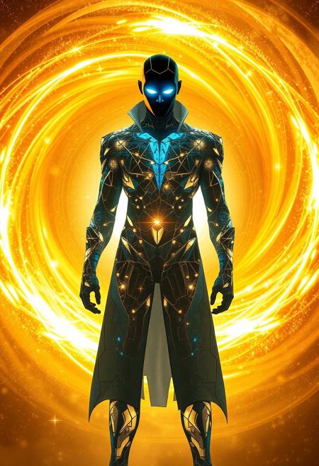 A mysterious humanoid superhero stands confidently in front of a swirling, golden-orange cosmic vortex. The figure is dressed in a sleek, futuristic bodysuit or long coat, composed of intricate glowing geometric patterns, like broken shards of glass forming circuitry. The face is obscured in silhouette, but the eyes and forehead emit a bright, ethereal blue-white glow, suggesting immense quantum energy. The background is a radiant blend of gold, amber, and starfield textures, forming an arcane ring or quantum portal. The visual style is luminous, detailed, and abstract—like a fusion of stained glass and sci-fi tech.