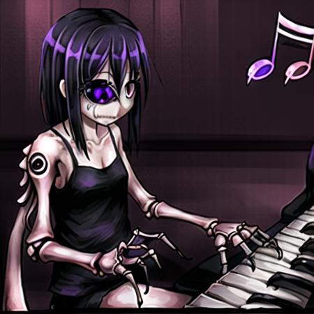 ageha, by Ray-kbys, unusual eye, extra pupils, extra arms, arthropod limbs, tentacles, (playing piano, piano keys, musical note, concert, scene)