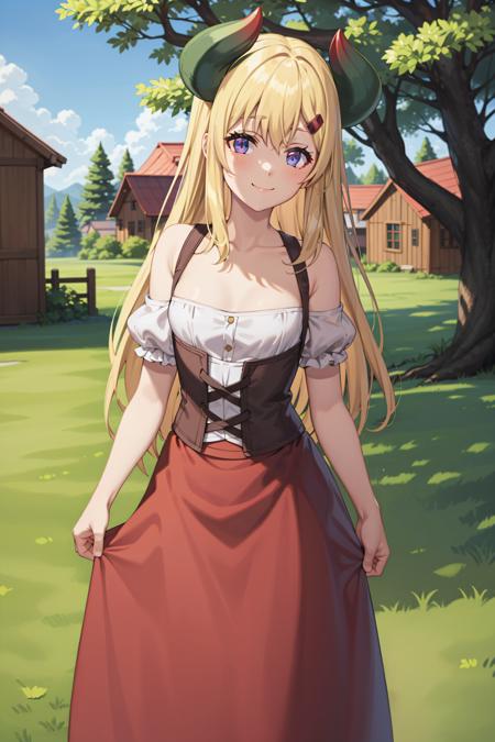 best quality, masterpiece, highly detailed,
<lora:chara_IsekaiNonbiriNouka_Lastismun_v2:0.8>, lastismun,
solo, closed mouth, light smile, light blush,
blonde hair, long hair, purple eyes, hairclip, small breasts, dragon horns,
white shirt, corset, collarbone, red skirt, bare shoulders, short sleeves,
standing, head tilt, looking at the viewer,
outdoors, tree, house, grass, wood, field