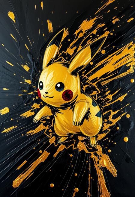A hyper-stylistic, extremely detailed image depicts a breathtaking painting, crafted from a combination of smeared black and gold metallic paint. A Pikachu is captured in a streaked motion, as if it is moving rapidly in one direction. The black paint is applied in bold, dynamic strokes, creating a sense of energy and movement that is contrasted beautifully by the golden accents. The gold paint is used to highlight the Pikachu's features, adding a sense of depth and dimensionality to the image. The overall effect is one of breathtaking, surreal dynamism, as if the viewer has captured a fleeting moment in time. Every detail of the image is meticulously crafted, from the delicate, swirling patterns of the gold paint to the intricate, textured patterns of the black paint. The contrasts between light and dark, color and texture, create a sense of tension and energy that draws the viewer in, inviting them to explore the kinetic world of the painting. highest-Quality, intricate details, visually stunning, Masterpiece