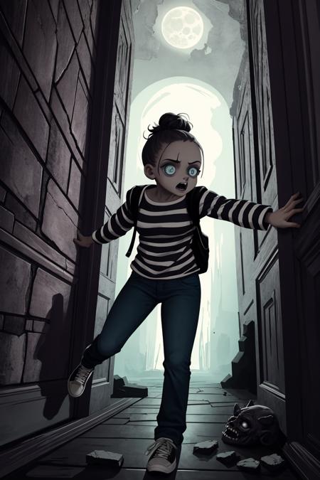 girl scared afraid striped shirt jeans sneakers backpack running through haunted victorian mansion, creepy, night, cracked peeling walls rotten floors lost dark creepy moonlight, (masterpiece:1.2) (linework) (animation) (flat illustration:1.1) (best quality:1.2) (8k) (clean lines)