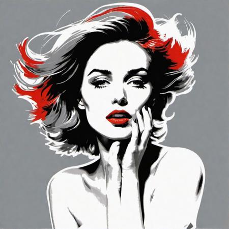 woman in ecstasy state, extremely sensual pose, illustration Louis Jover
and Andy Warhol style, red grey white and black, clear fine lines,
no gradients only bold plain colors, very contrasted background