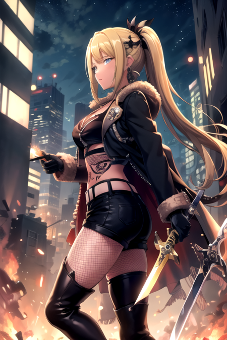 <lora:NeoD4DJ-08:0.7> ,neod4dj, long hair, hair ornament, thighhighs, gloves, long sleeves, holding, cleavage, jewelry, medium breasts, jacket, ponytail, weapon, ass, pantyhose, earrings, boots, outdoors, open clothes, shorts, black gloves, midriff, belt, sword, holding weapon, coat, black jacket, crop top, fur trim, short shorts, tattoo, night, thigh boots, black shorts, fire, building, fishnets, city, aircraft, white belt, breast tattoo