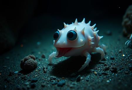 realistic lighting, photo, photorealistic, cinematic still, emotional, harmonious, vignette, 4k epic detailed, shot on kodak, 35mm photo, sharp focus, high budget, cinemascope, moody, epic, gorgeous, film grain, grainy, full body, portrait of a cute adorable deep sea creature in the dark depths of the ocean floor, two large eyes, blob-like body, many pastel colors, tiny spikes, cute tongue sticking out of its wide mouth, many small tentacle arms and legs, shiny, bioluminescent, scurrying on the sandy ocean bottom surrounded by tiny pebbles corals and anemone, points of light from microscopic bioluminescent organisms in the surrounding water light the scene with an ethereal glow,