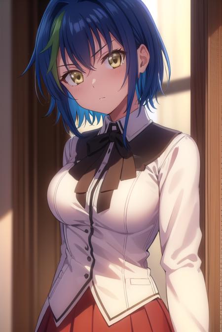 xenoviaquarta, <lora:dxd xenovia quarta anime s2-lora-nochekaiser:1>,
xenovia quarta, short hair, blue hair, (yellow eyes:1.5), multicolored hair, green hair, two-tone hair, streaked hair,
BREAK shirt, ribbon, school uniform, white shirt, black ribbon, neck ribbon, capelet, black capelet, long sleeves, skirt, red skirt,
BREAK indoors, classroom,
BREAK looking at viewer, (cowboy shot:1.5),
BREAK <lyco:GoodHands-beta2:1>, (masterpiece:1.2), best quality, high resolution, unity 8k wallpaper, (illustration:0.8), (beautiful detailed eyes:1.6), extremely detailed face, perfect lighting, extremely detailed CG, (perfect hands, perfect anatomy),