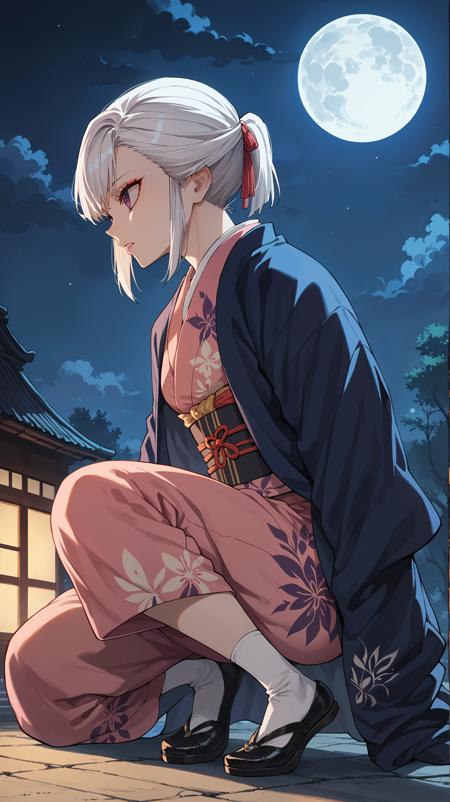 white hair hair up purple eyes pink kimono blue haori blue coat