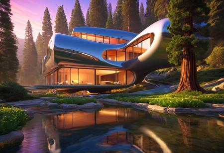 (masterpiece:1.5), unreal 8k wallpaper, unity 8k wallpaper, score 9, score 8 up, score 7 up, masterpiece_portrait, extreme quality, reflection, surface reflection, dynamic lighting, Cinematic style, cinematic quality, ((no humans, no people)), photorealistic, realistic, a spectrum of iridescent colors, precise, fractal design, flowing curves, precision, colorful, fractal geometry, harmonic interference, digital illustration, photo manipulation, altered realities, fantastical scenes, digital artistry, striking visuals, sharp focus, detailed background, light reflection, futuristic and fantasy of boundless opportunities, an huge modern house built in a futuristic fluid style on one side of the house is a beautiful stream that whines around the property, you can find magnificent giant sequoia trees all over the property with beautiful multicolored flowers, a beautiful sunrise Cascades amazing spectrum light across the property, the modern house itself is made of such fascinating Platinum materials that are highly polished with tinted glass windows, on a beautiful alien world this place is so beautiful and tranquil, photorealistic, realistic, fluid architecture, futuristic architecture, modern architecture, turbulent stream, luminescent water, a light fog over the water,