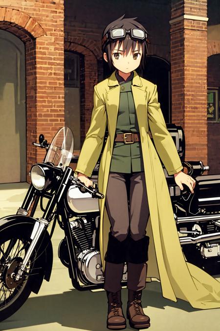 1girl, green coat, brown pants, boots, short hair, brown hair, goggles, motorcycle,