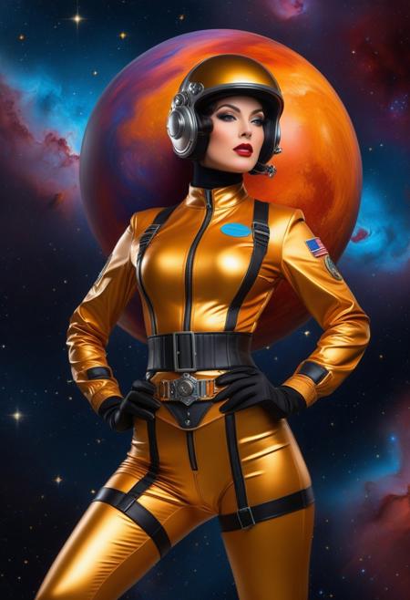 Dana Gillespie short hair wearing a sci-fi spacesuit corset stockings catsuit gloves helmet utility belt heels, steel, metal, leather, latex, floating in space, beautiful, detailed, etched,, Breathtaking celestial background with nebulas and stars visible through Multicolored fiery hues, Beautiful Bomber-Girl Pinup Poster. Baroque oil painting portrait., ethereal hyperdetailed, perfect hands, perfect eyes, fixed eye, Volumetric Dynamic Ambient Lighting Shadows Photorealistic DSLR 64 Megapixels Golden Ratio Perfect Composition Intensely Deep Rich Colors Sparkling Iridescent Translucent Holographic Layered Sculptured Polished Reflective Surfaces,