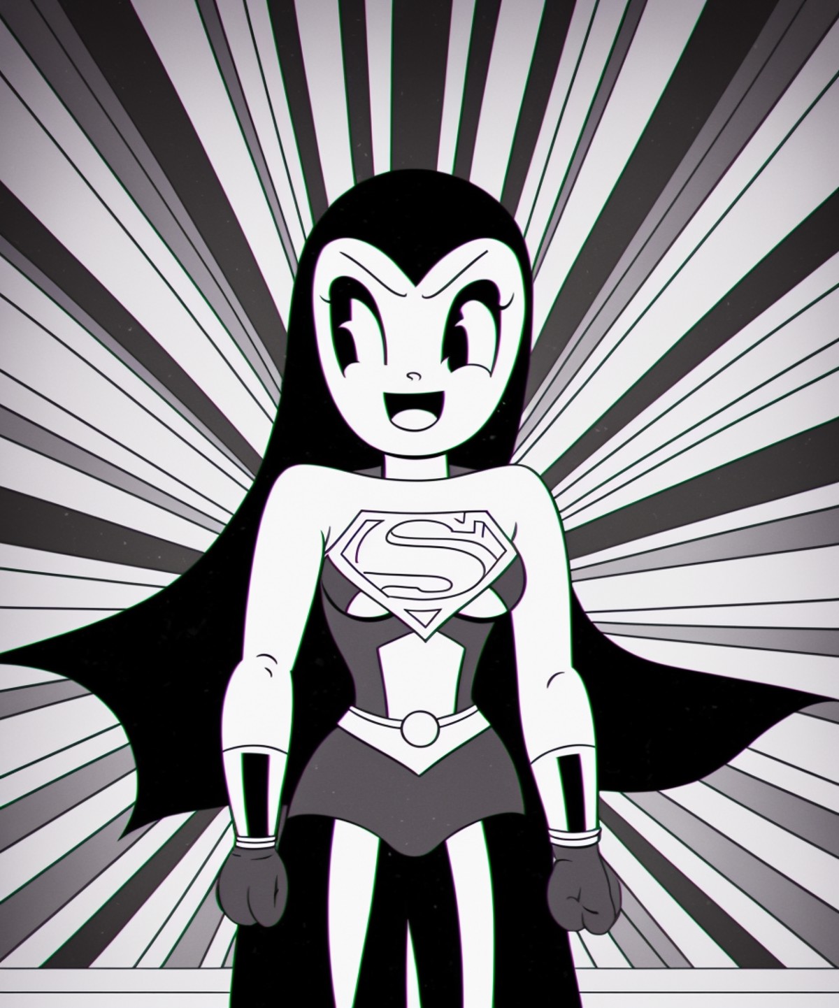 black and white ocds style of a close portrait of (superman:0.9) as a girl, super woman , fleischer studios, high detailed...