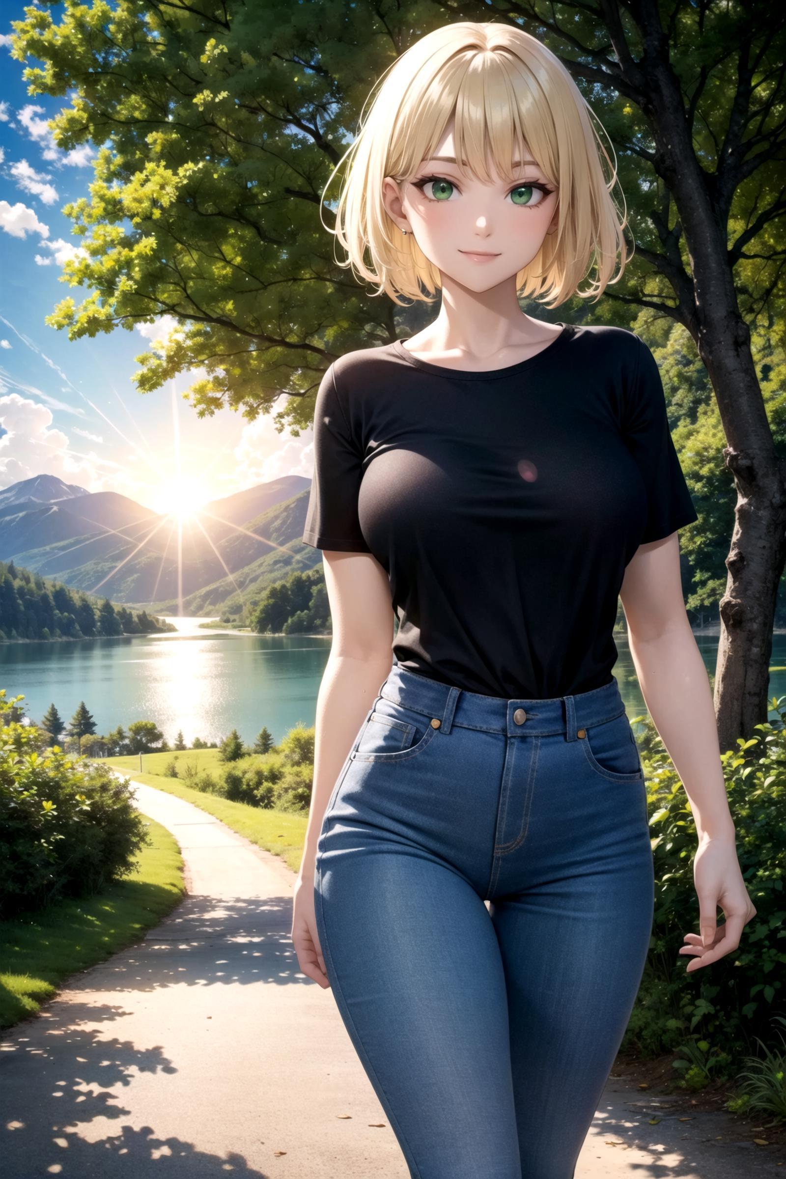 Anime girl with green eyes standing near a lake.