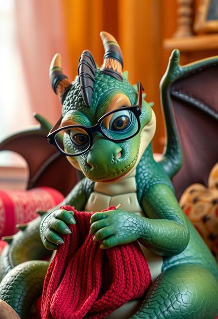 surreal VFX, chubby green dragon with dark green wing, wearing glasses, acting like human, is knitting warm  red socks, vivid colors