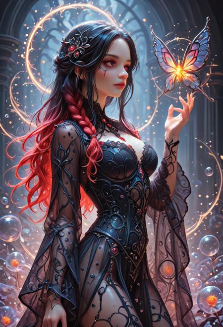 masterpiece, best quality, newest, oil painting made_of_bubbles, angled side view, moody scene, sinister setting, very aesthetic, décolletage, elaborate bodice, sheer fabric  made_of_bubbles, esoteric embroidery, intricately braided hair, 20yo, fine features, high cheekbones, magical aura made_of_bubbles, red black color pallet, (demure:1.15), volumetric light, mobe-godeen