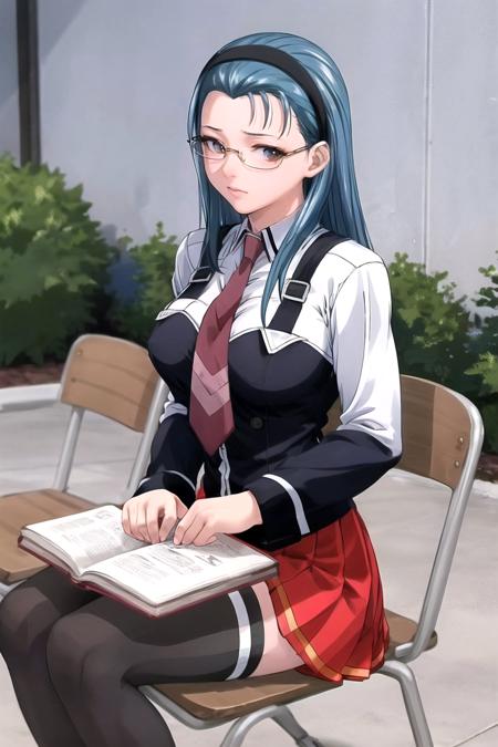 sitting, 
masterpiece, best quality, high quality, highres, outdoors, day, upper body, looking at viewer, solo, focused, BREAK, 
FAP_BibleBlack_JunkoMochida_ownwaifu, bible_black,
1girl, long hair, blue hair, hairband, breasts, large breasts, blue eyes, rimless eyewear, very long hair, 
skirt, thighhighs, long sleeves, school uniform,  necktie, glasses, zettai ryouiki, red necktie, suspenders, red skirt, pleated skirt,  black_vest, vest, 
<lora:FAP_BibleBlack_JunkoMochida_ownwaifu:1>