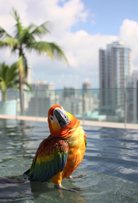 Happy parrot, playing in water,  drinking, thristy, daylight  penthouse, tropical city,