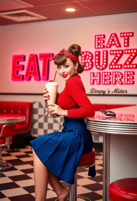 A vibrant, retro 1950s American diner interior with black-and-white checkered floors and red leather stools. A stylish busty pin-up girl sits on a stool at the counter, facing viewer, sipping a tall milkshake with whipped cream and a cherry on top. She has a vintage hairstyle with bangs and an updo wrapped in a red bandana tied in a bow. Her makeup includes bold red lipstick and winged eyeliner. She is wearing a tight red sweater and a pleated royal blue midi skirt. She gazes playfully at the camera, facing viewer with elbow resting on the counter, with a relaxed and confident expression. A pair of vintage sunglasses rests beside her on the counter.
On the wall behind her, bold vintage lettering reads: “EAT BUZZ HERE” in red, with smaller black text underneath, slightly blurred, in a classic diner font. The atmosphere is cheerful, nostalgic, and flirty, with soft overhead lighting and a classic Americana vibe. The image should feel like a stylized magazine ad or pin-up poster.
Style: Retro Pin-Up, 1950s Americana, High-resolution, Soft lighting, Vibrant colors