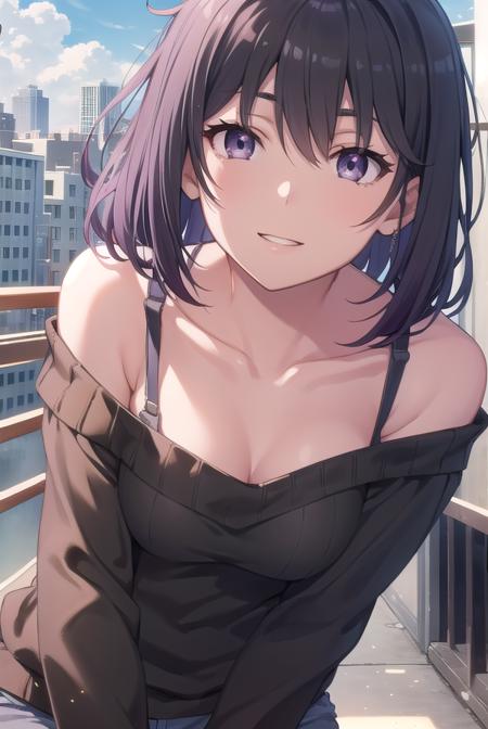 harunoyukinoshita, <lora:haruno yukinoshita-lora-nochekaiser:1>,
haruno yukinoshita, short hair, hair between eyes, (black eyes:1.5), black hair, gradient hair, two-tone hair, purple hair, smile,
BREAK sweater, off shoulder, bra strap, purple sweater, long sleeves, collarbone,
BREAK outdoors, city, sky, sun, people, crowd, buildings, clouds,
BREAK looking at viewer,
BREAK <lyco:GoodHands-beta2:1>, (masterpiece:1.2), best quality, high resolution, unity 8k wallpaper, (illustration:0.8), (beautiful detailed eyes:1.6), extremely detailed face, perfect lighting, extremely detailed CG, (perfect hands, perfect anatomy),