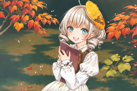 best quality, masterpiece, extremely detailed, detailed background, 1girl, blue eyes, smile, holding, ahoge, open mouth, solo, long sleeves, :d, leaf, dress, looking at viewer, white dress, bangs, autumn leaves, book, frills, drill hair, holding book, outdoors, medium hair, white hair, rabbit, frilled sleeves, upper body, happy, hands up, puffy sleeves,