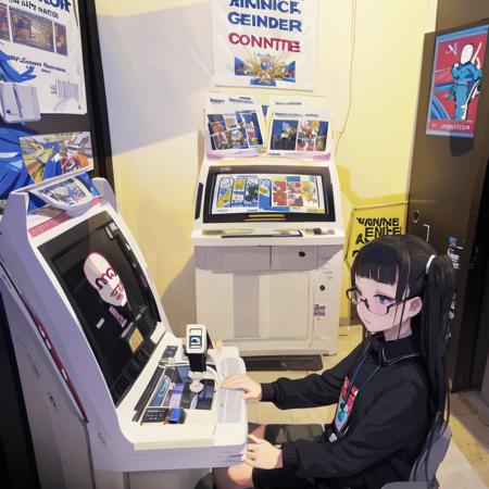 best quality, ultra-detailed, illustration,
monitor, no humans, scenery, realistic, english text, science fiction, indoors, computer, keyboard (computer), poster (object) 
1girl, glasses, solo, black hair, medium hair, laughing, Bomber jacket,  Cargo pants, 
<lora:gamecenter_SD15_V1:1>