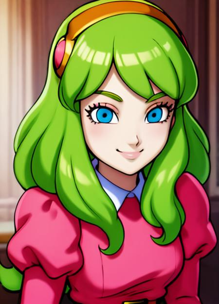 masterpiece, best quality, highest quality, perfect anatomy, perfect face, perfect eyes,
<lora:briannedechateau_i3_ex1:0.9>, briannedechateau-smf, 1girl, solo, green hair, blue eyes, dress, long hair, smile, puffy sleeves, pink dress, belt, long sleeves, juliet sleeves, hairband, closed mouth