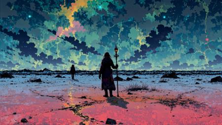A vast, frozen tundra where the ground is etched with ancient runes. Under a sky ablaze with enchanted auroras, spectral figures seem to wander among the frost and ice.