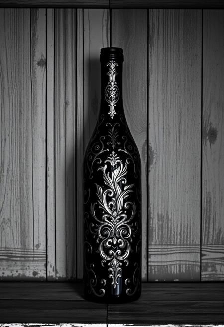A Highly Detailed And Intricately Designed Black And Silver Wine Bottle Surrounded By A Shadowy Black White And Gray Weathered Shelf Background