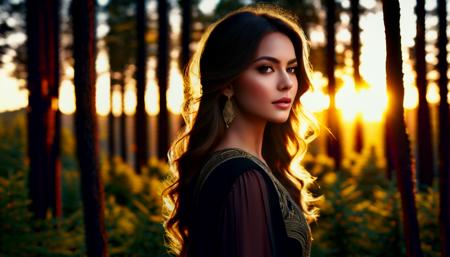 masterpiece, best quality, ultra high res, beautiful, visually stunning, elegant, incredible details,   world, 1girl, (black background:1.2), simple background, dynamic pose, sunset, forest, trees, scenery, close up to face