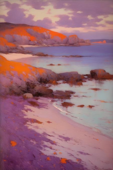 <lora:William Langson Lathrop Style:1>William Langson Lathrop Style - 200138 Camusdarach Beach at Dusk by William Langson Lathrop. Serene shoreline with waves gently crashing on the sand. Rich oranges, dreamy purples, and soft blues. Calming, atmospheric Impressionist style.