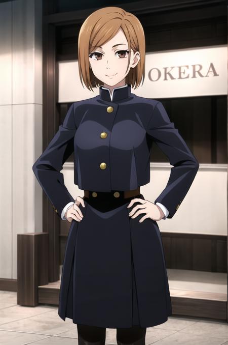 (masterpiece), high quality, (detailed background:1.3), 1girl, solo,
<lora:NoburaKagisaki-v3-07:0.5>, ChopioNoburaKugisaki, short hair, brown hair, asymmetrical bangs, brown eyes, (looking at viewer:1.3),
outfit_1, gakuran, blue jacket, cropped jacket, long sleeves, high-waist skirt, blue skirt, belt, pantyhose,
outdoors, city, standing, sunny, hands on hips, smile