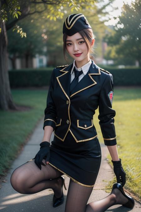 ultra-detailed,highly detailed,best quality,masterpiece,illustration,
cf yemeigui, 1girl, solo, cosplay, military uniform, long legs, light smile, 
gloves, garrison cap, necktie, pencil skirt,  jacket,alternate costume,torn pantyhose, 
dynamic pose, looking at viewer, outdoors, nature,  one knee, kneeling, 
<lora:cf yemeigui_v1_03:0.7>