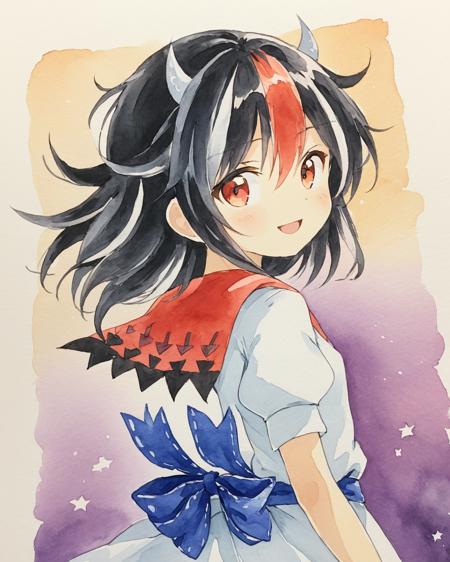 kijin seija,1girl, solo, watercolor_\(medium\), painting_\(medium\), horns, traditional_media, open_mouth, smile, dress, looking_back, short_sleeves, looking_at_viewer
<lora:kijin_seija_image4523_2023-12-20-000008:1>,star-shaped_pupils,symbol-shaped_pupils,. gorgeous,key visual, vibrant, studio anime,award-winning, professional, highly detailed,high budget, cinemascope