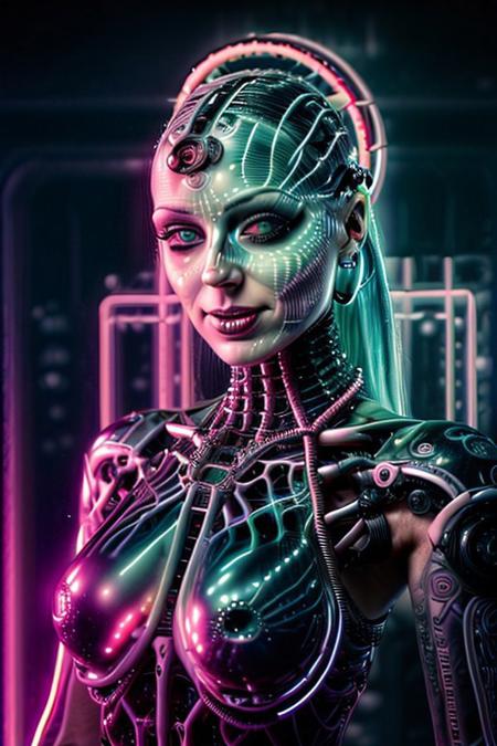 A futuristic humanoid female enjoys a holographic ice cream cone in a glowing cityscape. She smiles as the ice cream changes colors with each bite, surrounded by lively AI-generated animations of people and neon signs, Incorporate glowing or pulsating effects to enhance the futuristic vibe. Stick with a consistent palette, like soft blues and neons, to maintain harmony.