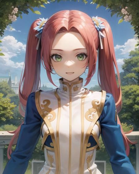 best quality, (masterpiece:1.2), illustration, absurdres,
(1girl, solo), (beautiful detailed girl),
<lora:Eleanor-08:0.9>, Eleanor Hume, red hair, twintails,  green eyes, small breasts,
blue jacket,blue sleeves, long sleeves, white dress, ornate dress, white boots, thighhigh boots, fingerless gloves,
(upper body, portrait),,
church garden, outside church, stained glass, flowers, bush, plants, trees, sky, clouds, day, fruits, berries,
standing,
ecstatic, (looking at viewer),