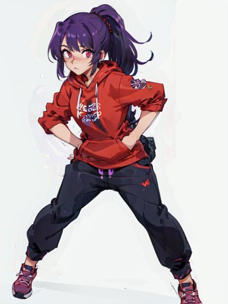 (best quality, masterpiece, illustration:1.1),  1girl, purple hair, red eyes, smug, looking at viewer, hoodie,  short hair, ponytail, sweatpants, simple background, solo, full body,   <lora:BrushlineV3:0.7>