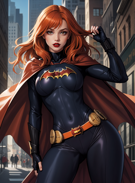 batgirl batgirl, suit, orange hair, cape, bodysuit, cape, lipstick, covered legs 