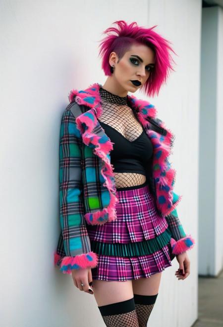The image is a photograph of a person standing on a pedestrian bridge with a modern, urban industrial background. The subject is a young woman with short, bright pink hair styled in a messy, punk-inspired look. She is dressed in a vibrant, multicolored faux fur coat with a pattern of red, green, blue, and yellow. Underneath the coat, she wears a purple plaid mini skirt and a pink, patterned top.
The image is a photograph of a young woman with a distinctive, edgy style. The subject has short, spiky hair dyed in a vibrant mix of purple, pink, and blue hues. They are wearing a black fishnet top with a turquoise lace camisole underneath, visible through the mesh. The person's face is partially obscured by the hair, but their makeup is notable, featuring bold, dramatic eye makeup with dark eyeshadow and eyeliner.
The image is a photograph of a person standing against a plain white wall in a minimalist room with a grey, textured floor. The individual is dressed in an elaborate, multi-layered, ruffled skirt made of various colored, pleated fabric strips. The skirt features multiple layers of fabric in shades of pink, green, blue, and white, each layer ruffled and layered to create a voluminous, tiered effect.