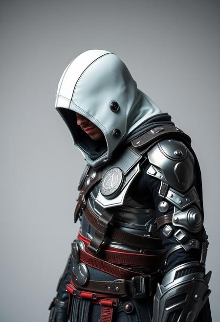 Assassin's Creed Character, cyber futuristic costume, metal armour,  masterful studio photography