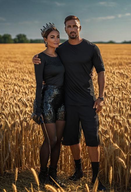 A couple in love of 30 years old, 
tanned, 
in black shorts, 
with a bare torso, 
stands in the middle of a wheat field on a bright day of a hot summer day, 
ultra detailed ultra HD, 
Canon EOS R6 Mark II, 
award-winning, 
Professional, 
8k, 
stylize 1000, 
chaos 1000, 
perfect composition, 
beautiful detailed intricate insanely detailed octane render, 
8 k artistic photography, 
epic royal background, 
big royal uncropped crown, 
royal jewelry, 
robotic, 
nature, 
full shot, 
symmetrical, 
Greg Rutkowski, 
Charlie Bowater, 
Beeple, 
Unreal 5, 
hyperrealistic, 
dynamic lighting, 
fantasy art