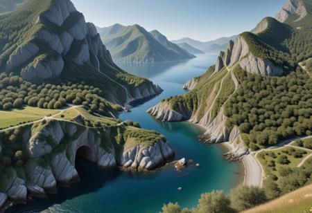 ultra-realistic image with high resolution and stable focus, correct and accurate anatomy, correct and accurate objects, perfect detail, ultra-realism, photo realism, on a natural landscape, sea, mountain, forest, river mouth, river flow into the sea