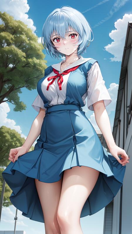 ReiU,  1girl,  solo,  short hair,  blue hair,  red eyes,  hair between eyes,  looking at viewer,  closed mouth,  bangs,  large breasts,  large breasts,  hourglass body,  school uniform,  cowboy shot,  skirt,  ribbon,  tokyo-3 middle school uniform,  shirt,  red ribbon,  expressionless,  standing,  white shirt,  short sleeves,  blush,  neck ribbon,  pale skin,  collarbone,  blue skirt,  outdoors,  sky,  clouds,  trees,  school,  campus,  (from below:1.3),<lora:EMS-270868-EMS:0.800000>