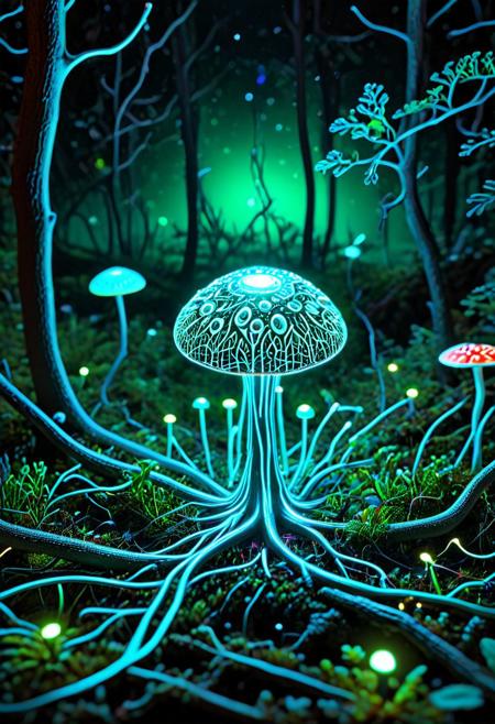 Tilt shift photography style, Diorama page, quarter view, a glowing mushroom, green neon, ( Unmanned:1.2), night forest, thick fog,