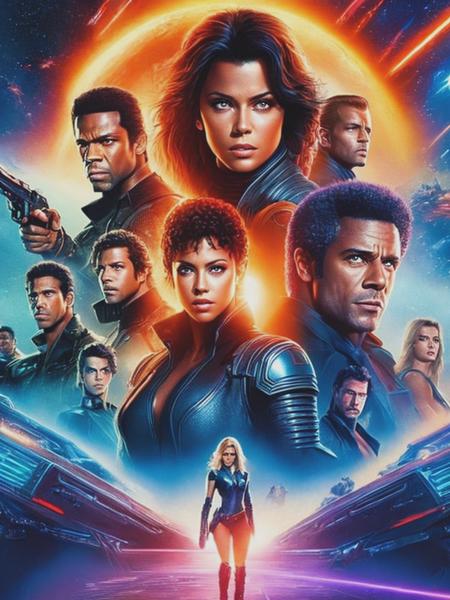 <lyco:MoviePoster:1.0> AI scifi movie poster, epic scifi movie, fate of the universe, epic conclusion, featuring Attractive Action Girl, Cool Action guy, charismatic villain ensemble cast, by Drew Struzan