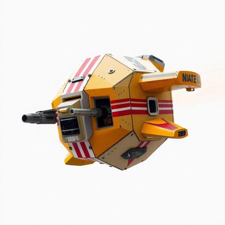 2 metre sized flying object. Decahedron with  shaped brutalist aesthetic. Anti gravity drive. Equipped with 2 guns. Bright overall colour with bold stripes and graphics.