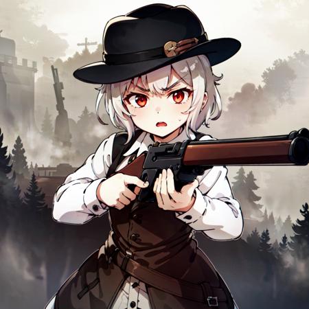 Masterpiece, high quality, (leveraction:1.2), antique firearm, 1girl, white hair, red eyes, hat, aiming at viewer, one eye closed, detailed face, bangs, dust, smoke, fog, holding weapon, trigger discipline, dark, annoyed, angry, tall, lean <lora:leveractionrifle-AOM2:0.8>